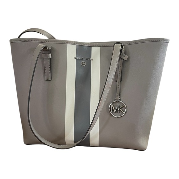 Michael Kors Morgan Large Tote Gray with Center Stripe Dark Gray White Gorgeous - Picture 4 of 13